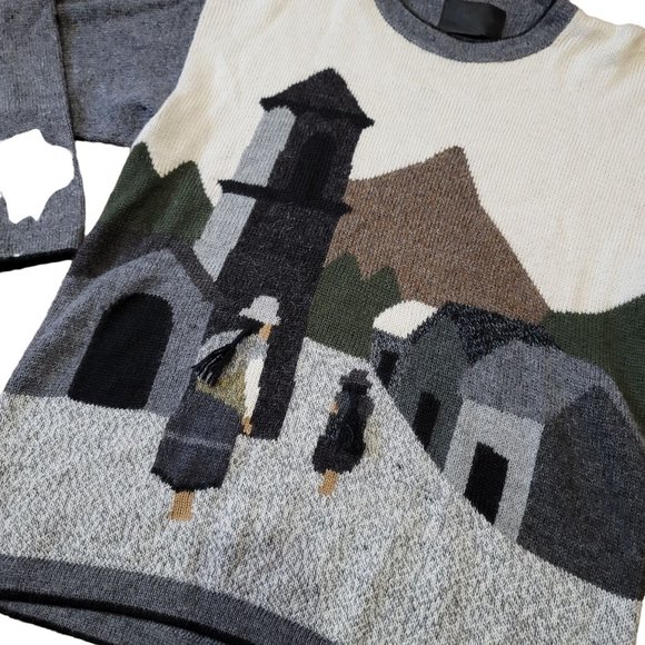 100% baby alpaca wool sweater with depiction of a mother daughter and village - Picture 3 of 12